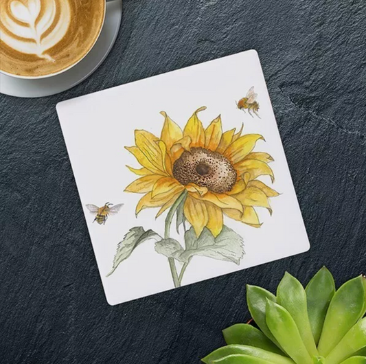 Bee-Tanical Sunflower Ceramic Coaster